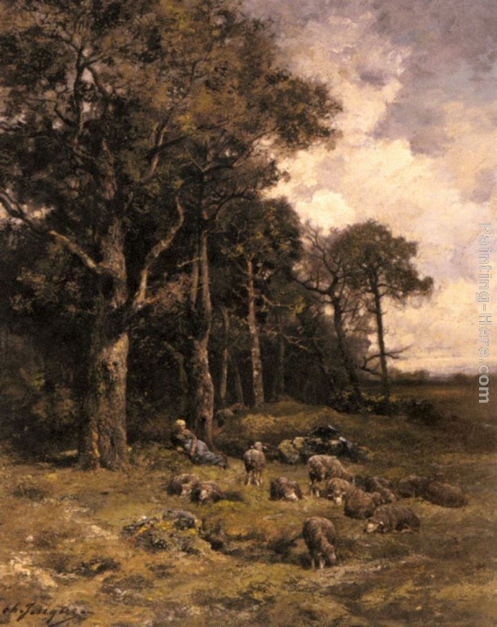 Charles Emile Jacque Shepherdess Resting With Her Flock